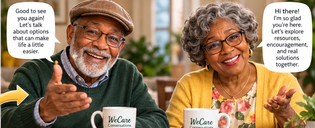 Illustrated Henry and Miss Clara, the friendly hosts of WeCare Conversations